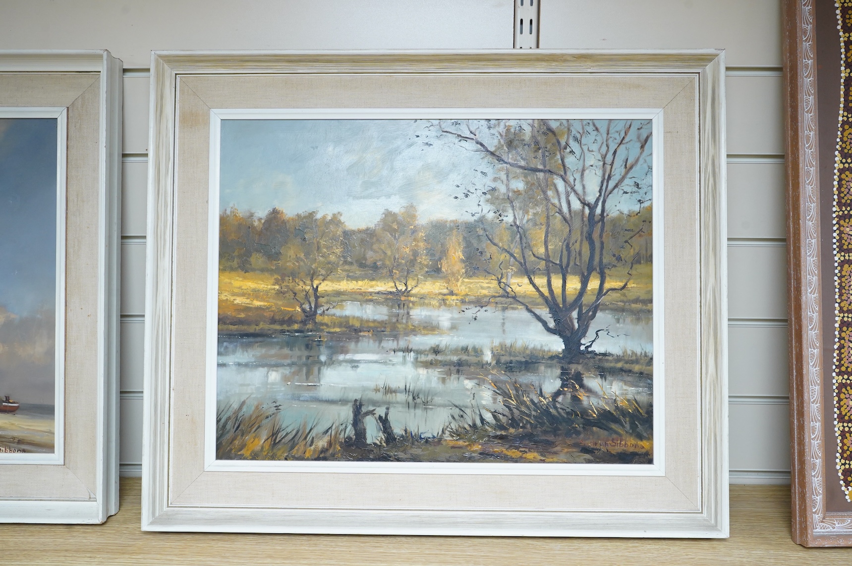 Gudrun Sibbons (1924-2020), Riverscape, signed, oil on board, 39 x 49cm